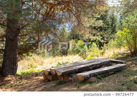 wooden rest area with table and benches in a mountain autumn forest. wooden rest area with table and benches in a mountain autumn forest. 99726477