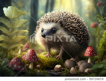 Hedgehog Walks in Forest .AI generated Illustration. 99726659
