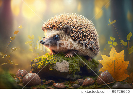 Hedgehog Walks in Forest .AI generated Illustration. 99726660