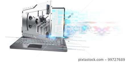 Safe on a laptop. concept of hacking and data security system. 3d rendering 99727689