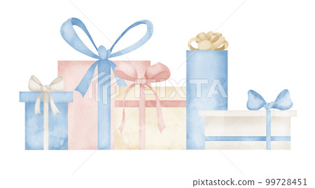 Gift Boxes with ribbons in pastel blue and pink colors. Hand drawn watercolor illustration with Presents on isolated background. Horizontal composition for happy birthday greeting cards or invitations Gift Boxes with ribbons in pastel blue and pink colors. Hand drawn watercolor illustration with Presents on isolated background. Horizontal composition for happy birthday greeting cards or invitations 99728451