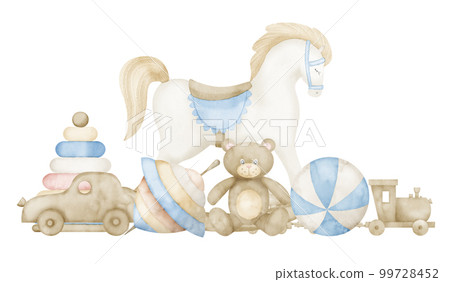 Watercolor illustration with Baby Toys in pastel blue and beige colors. Hand drawn illustration with Rocking Horse and Teddy bear on isolated background. Horizontal composition with car and train. Watercolor illustration with Baby Toys in pastel blue and beige colors. Hand drawn illustration with Rocking Horse and Teddy bear on isolated background. Horizontal composition with car and train. 99728452