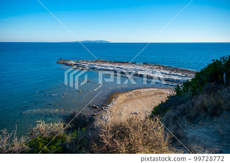 Scenic View From Arkoudilas Viewpoint Sandy Beach, Mountains, Ionian Sea Corfu, Greece. 99728772
