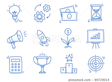 Hand drawn business icon set. Finance, money, investment icon sketch doodle blue pen stroke style. Business money, calculator, megaphone element. Vector Hand drawn business icon set. Finance, money, investment icon sketch doodle blue pen stroke style. Business money, calculator, megaphone element. Vector 99729014