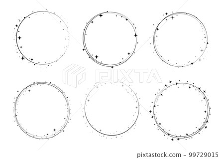 Circle star border frame set. Sparkle circle frame. Wreath round stardust border for party, birthday decor design. Laurel frame with cosmic glitter shine Circle star border frame set. Sparkle circle frame. Wreath round stardust border for party, birthday decor design. Laurel frame with cosmic glitter shine 99729015