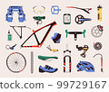 Flat design vector illustration of bicycle parts, components, spares and accessories. Set includes bike parts such as frame, fork, saddle, wheel, helmet, handlebar, glasses, clothes, and other. 99729167