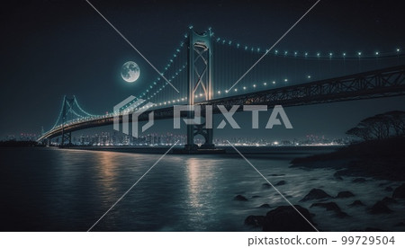 NightOverlook of TokyoGoogle Maps, bridge, sea, water splashes, 99729504