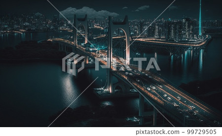 NightOverlook of TokyoGoogle Maps, bridge, sea, water splashes, 99729505