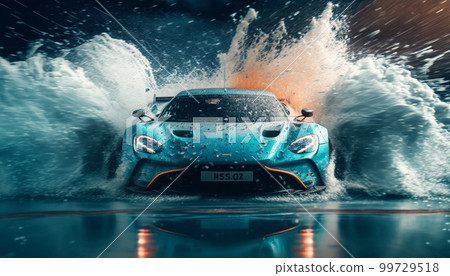 Sport car, water splashes, light blue Sport car, water splashes, light blue 99729518