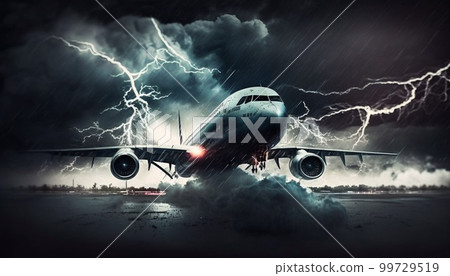 Plane takes off during thunderstorm, lightning strikes near passenger airplane 99729519