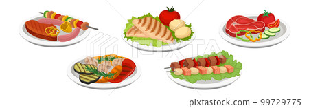 Barbecue Food with Grilled Meat and Vegetables on Plate Vector Set 99729775
