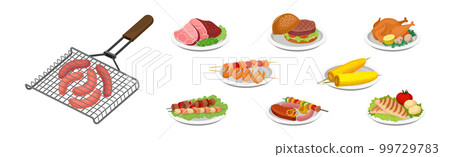 Barbecue Food with Grilled Meat and Vegetables on Plate Vector Set Barbecue Food with Grilled Meat and Vegetables on Plate Vector Set 99729783