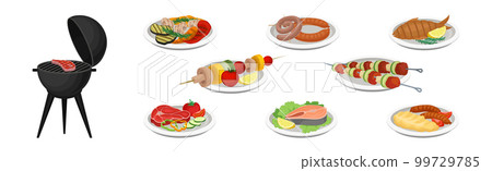 Barbecue Food with Grilled Meat and Vegetables on Plate Vector Set 99729785