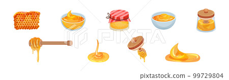 Honey with Dipper and Honeycomb with Sticky Golden Nectar Vector Set Honey with Dipper and Honeycomb with Sticky Golden Nectar Vector Set 99729804