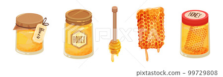 Honey with Dipper, Glass Jar and Honeycomb with Sticky Golden Nectar Vector Set Honey with Dipper, Glass Jar and Honeycomb with Sticky Golden Nectar Vector Set 99729808