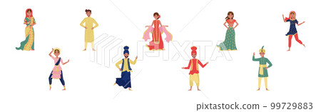 Indian Man and Woman Wearing National Clothes Vector Set Indian Man and Woman Wearing National Clothes Vector Set 99729883