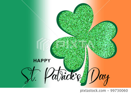 Green glitter clover leaf on abstract gradient background. Symbol of luck, success and wealth. Happy St. Patrick's Day. Vector illustration for web banner, social media post, greeting card or flyer Green glitter clover leaf on abstract gradient background. Symbol of luck, success and wealth. Happy St. Patrick's Day. Vector illustration for web banner, social media post, greeting card or flyer 99730060