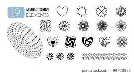 Set of vector abstract geometric shapes. Aesthetics of Y2K. Trendy minimalist design elements, patterns, futuristic figures, 3d objects, hearts. 99730852