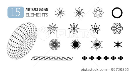 Set of vector abstract geometric shapes. Aesthetics of Y2K. Trendy minimalist design elements, patterns, futuristic figures, 3d objects. Set of vector abstract geometric shapes. Aesthetics of Y2K. Trendy minimalist design elements, patterns, futuristic figures, 3d objects. 99730865