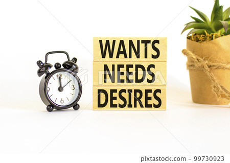 Wants needs and desires symbol. Concept words Wants Needs Desires on wooden blocks. Black alarm clock. Beautiful white background. Business, psychological wants needs and desires concept. Copy space. Wants needs and desires symbol. Concept words Wants Needs Desires on wooden blocks. Black alarm clock. Beautiful white background. Business, psychological wants needs and desires concept. Copy space. 99730923