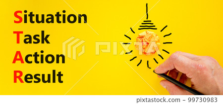 STAR situation task action result symbol. Concept words STAR situation task action result on yellow paper on beautiful yellow background. Business STAR situation task action result concept. Copy space STAR situation task action result symbol. Concept words STAR situation task action result on yellow paper on beautiful yellow background. Business STAR situation task action result concept. Copy space 99730983