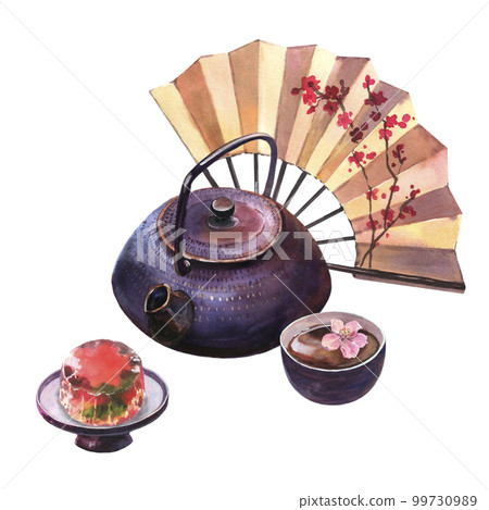 Watercolor asian tea set with dack purple teapot, cup of tea, jelly cherry on ceramic plate and Japan fan, isolated on white background. Watercolor asian tea set with dack purple teapot, cup of tea, jelly cherry on ceramic plate and Japan fan, isolated on white background. 99730989