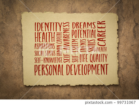 personal development word cloud on an art paper, self improvement concept 99731067