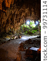 A bright outside view at the exit of the limestone cave 99731114