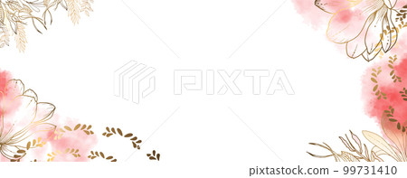 Luxurious golden wallpaper. Banner with pink magnolia flowers and leaves. Watercolor pink, gold stains on a white background. Bright branches. vector file Luxurious golden wallpaper. Banner with pink magnolia flowers and leaves. Watercolor pink, gold stains on a white background. Bright branches. vector file 99731410