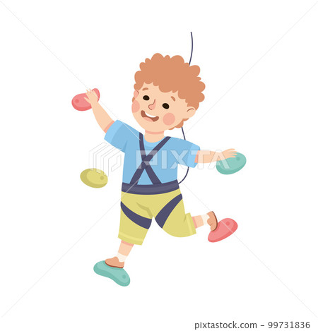 Happy Little Boy Climbing Wall Crawling Up Equipped with Rope Vector Illustration 99731836