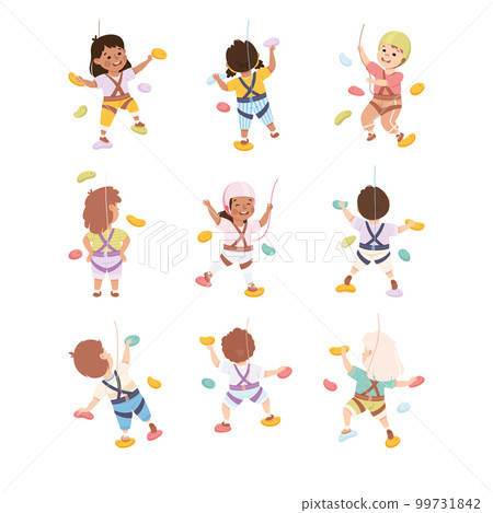 Happy Kids Climbing Wall Crawling Up Equipped with Rope Vector Set Happy Kids Climbing Wall Crawling Up Equipped with Rope Vector Set 99731842