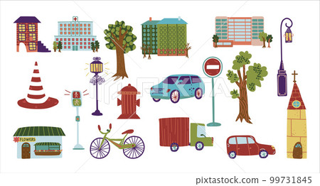 Set of city street urban objects. Public building, truck, car, lamp post, road sign and trees cartoon vector illustration 99731845