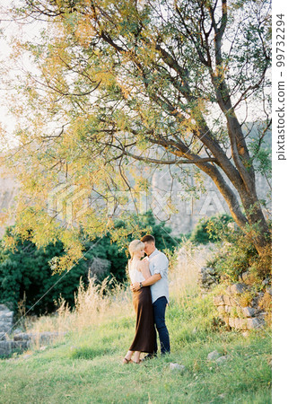 Man hugs woman while standing by a tree in the park Man hugs woman while standing by a tree in the park 99732294