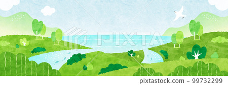 River, sea and mountain landscape Nature full watercolor background illustration 99732299