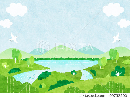 Landscape of the river, mountains and sea Watercolor background illustration full of nature 99732300