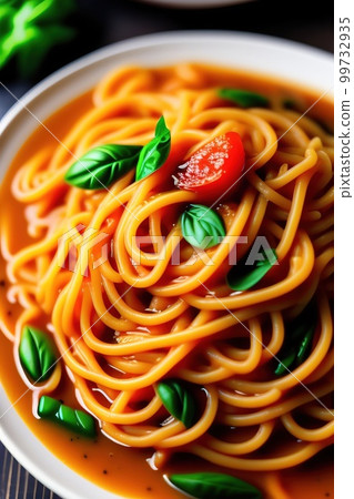 Homemade Spaghetti with Olives and Tomato Sauce, top view. Flat lay, overhead, from above. Close-up. Homemade Spaghetti with Olives and Tomato Sauce, top view. Flat lay, overhead, from above. Close-up. 99732935