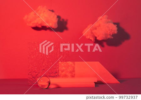 Abstract modern product showcase, minimalist style. Stone glass podiums, red background with clouds Abstract modern product showcase, minimalist style. Stone glass podiums, red background with clouds 99732937