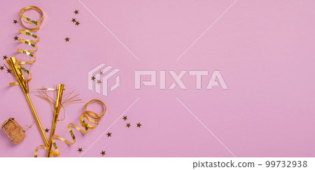 Festive background with golden serpentine, confetti and sparkles. Festive layout frame 99732938
