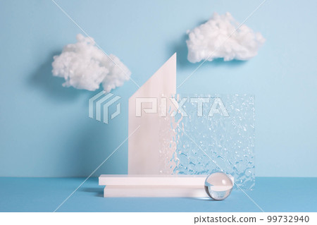 Podiums made of stone and glass, blue background with white clouds. Abstract product showcase Podiums made of stone and glass, blue background with white clouds. Abstract product showcase 99732940