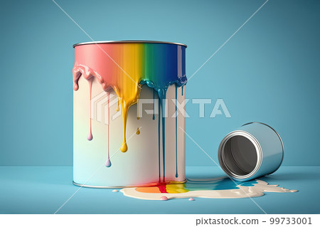 Colorful rainbow liquid paint splash over paint can on blue background. Abstract paint texture background, copy space. AI Colorful rainbow liquid paint splash over paint can on blue background. Abstract paint texture background, copy space. AI 99733001
