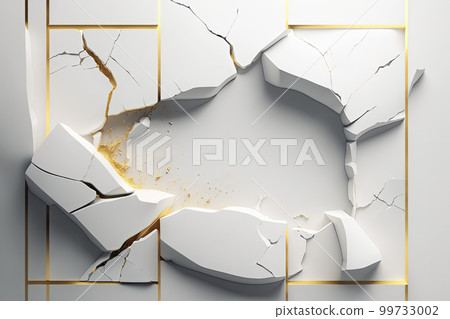 White and gold kintsugi style product display wall in traditional Japanese art of broken pottery with cracked lines. AI White and gold kintsugi style product display wall in traditional Japanese art of broken pottery with cracked lines. AI 99733002