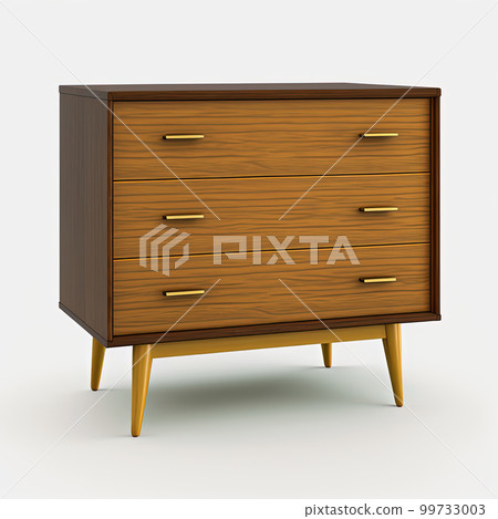Mid century wood drawer on white background. Mid-century interior with retro stylized modern furniture. AI Mid century wood drawer on white background. Mid-century interior with retro stylized modern furniture. AI 99733003