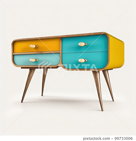 Mid century wood console table or drawer on white background. Mid-century interior with retro stylized modern furniture. AI Mid century wood console table or drawer on white background. Mid-century interior with retro stylized modern furniture. AI 99733006
