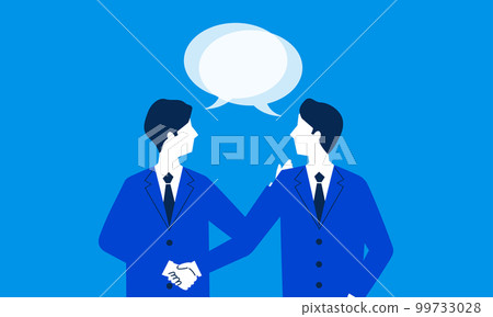 Illustration of two suit men shaking hands, speech bubble, vector 99733028