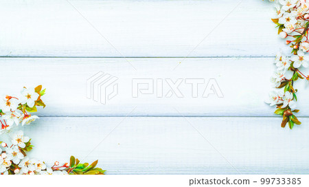 Spring border, April floral and spring blossom nature on wooden background. Branches of blossoming. Easter and spring greeting cards with copy space. Springtime. 99733385