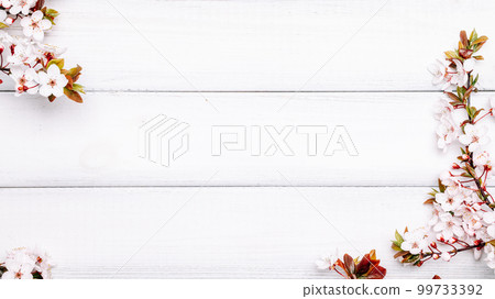 Spring background table. May flowers and April floral nature on wooden. For banner, branches of blossoming cherry against background. Copy space. Spring background table. May flowers and April floral nature on wooden. For banner, branches of blossoming cherry against background. Copy space. 99733392