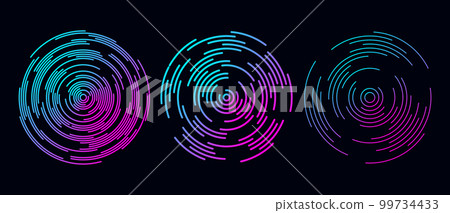Concentric circle segments set in dark theme. Rippled round patten collection. Blue purple sound wave rings. Epicentre, target, radar icon concept. Radial signal or vibration elements. Vector Concentric circle segments set in dark theme. Rippled round patten collection. Blue purple sound wave rings. Epicentre, target, radar icon concept. Radial signal or vibration elements. Vector 99734433