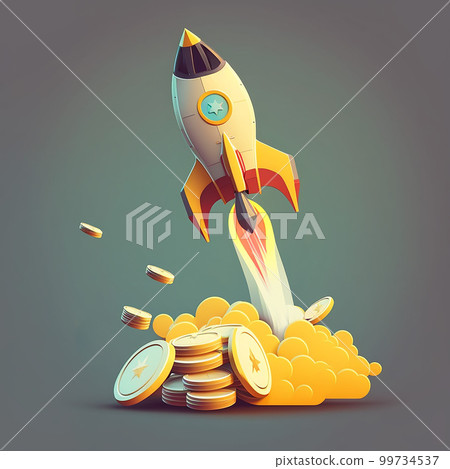 A shiny white simple rocket that fires and flies while scattering a lot of gold coins. 99734537