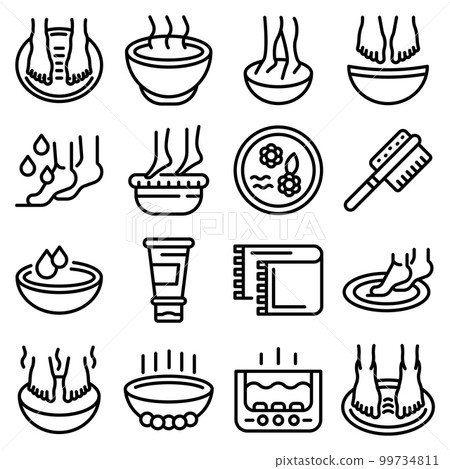 Foot bath icons set. Outline set of foot bath vector icons for web design isolated on white background Foot bath icons set. Outline set of foot bath vector icons for web design isolated on white background 99734811