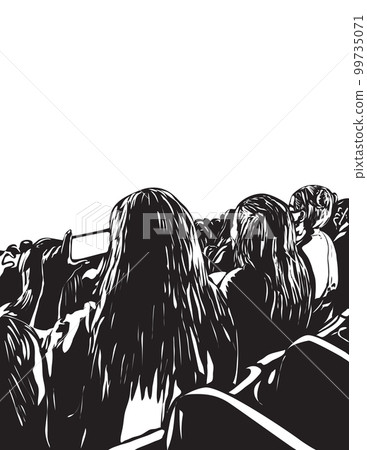 Crowd of Young People with Cellphone at a Live Concert Woodcut Style Portrait 99735071